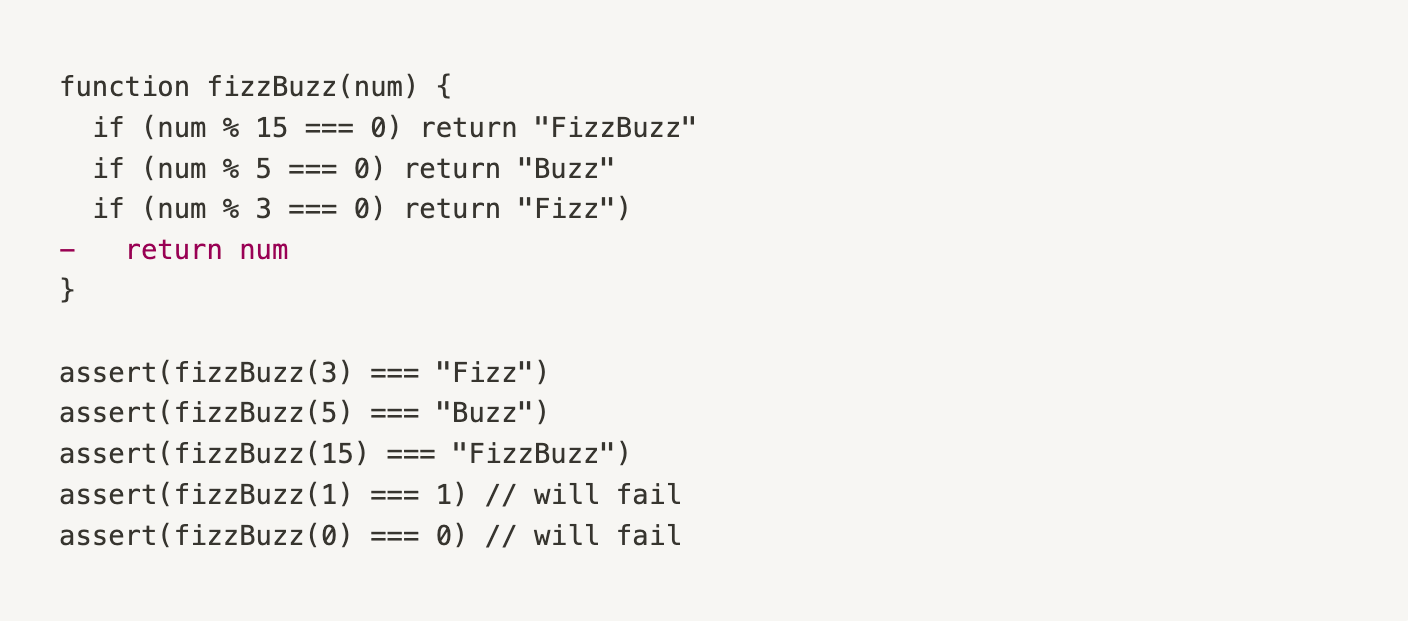 Injected failure in the fizzBuzz. It will not return normal number anymore, and some assertions will fail